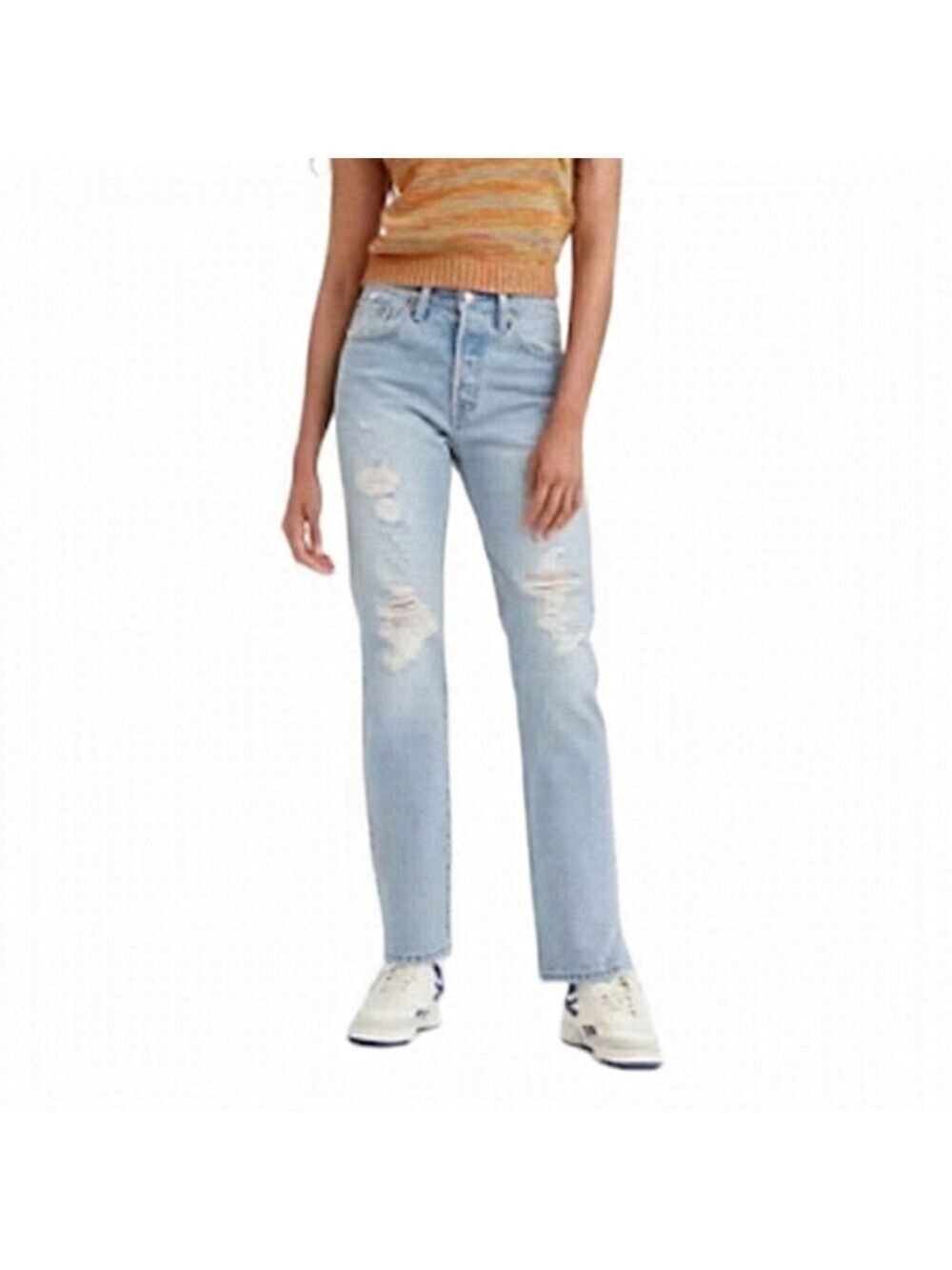 New Levis Premium 501 High Waist 100% Cotton Straight Leg Distressed Jeans 27